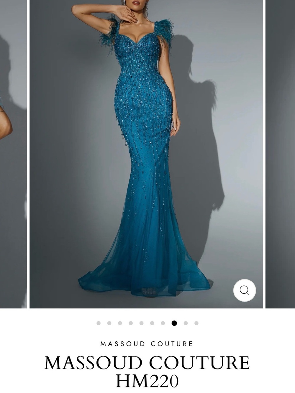 Teal Feather-Trim Beaded Mermaid Prom Dress